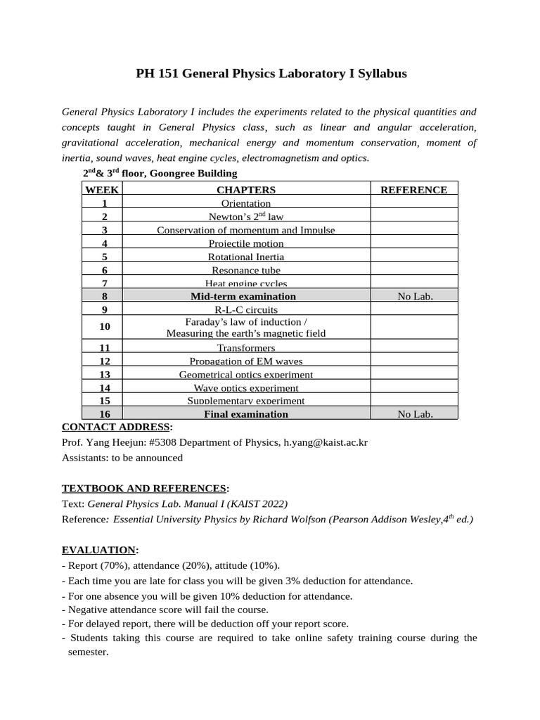 Syllabus - PH151 General Physics Laboratory I (2022 Fall) | PDF