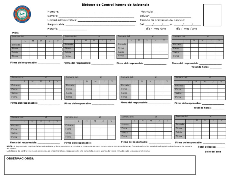 Bitacora de Control Interno de Asistencia | PDF