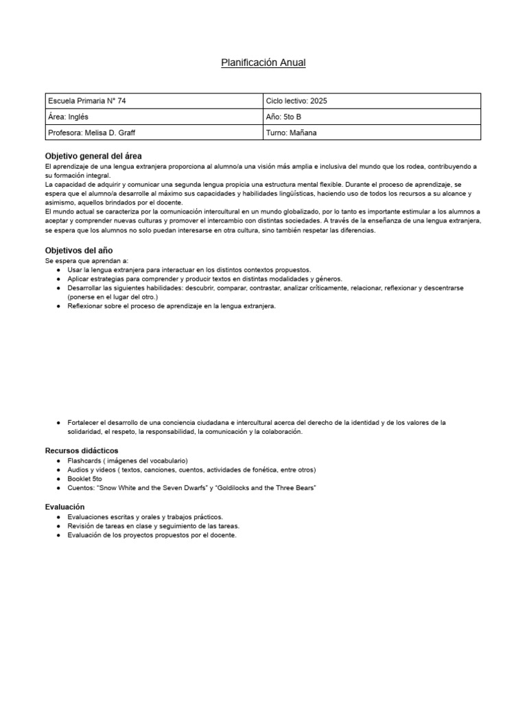 Planificacion Anual 5to B Ingles 2025 | PDF | Segundo lenguaje ...
