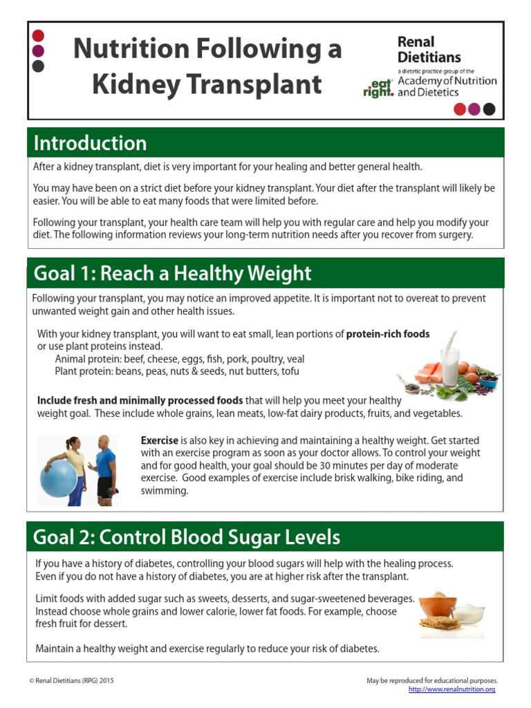 Nutrition Following Kidney Transplant PDF Dieting Foods