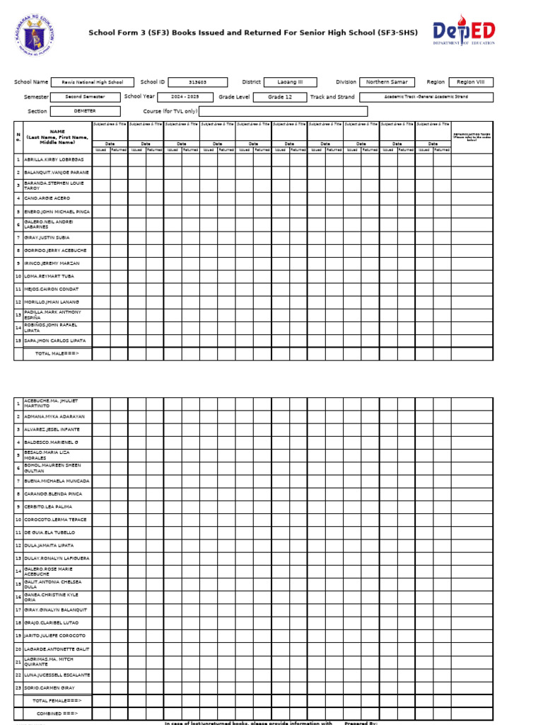 SF3 Book Issuance Record for SHS | PDF