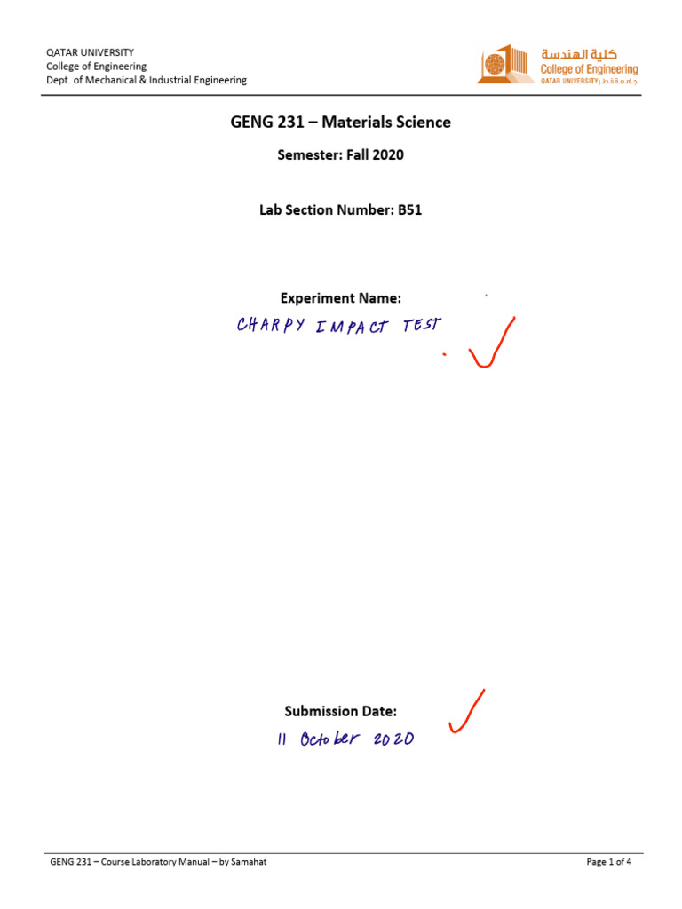 Charpy Impact Test Lab Manual | PDF | Deformation (Engineering) | Solid ...