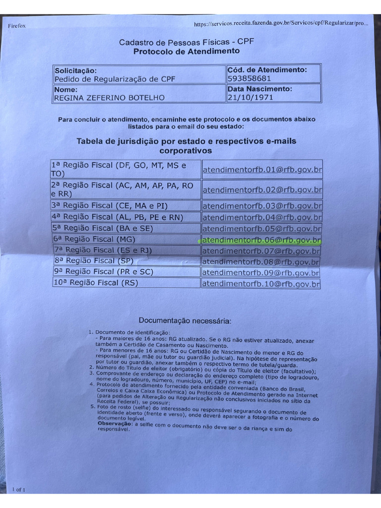 Documento para Regularização Do CPF | PDF