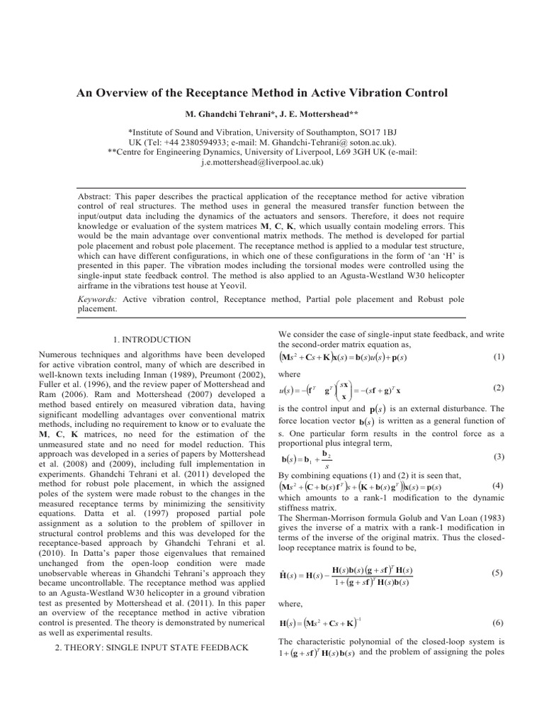 Receptance Method for Vibration Control | PDF | Control Theory | Matrix ...