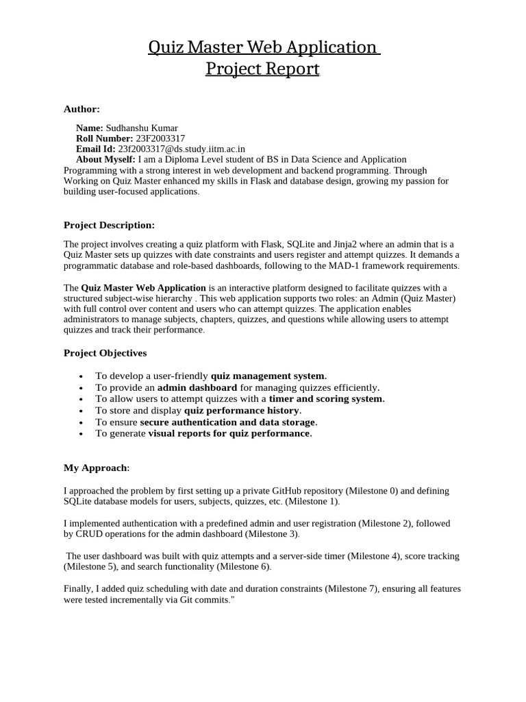 Quiz Master PROJECT REPORT | PDF | Databases | Software