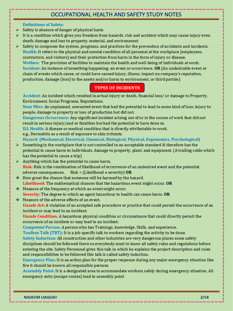 Occupational Health and Safety Notes | PDF | Occupational Safety And ...