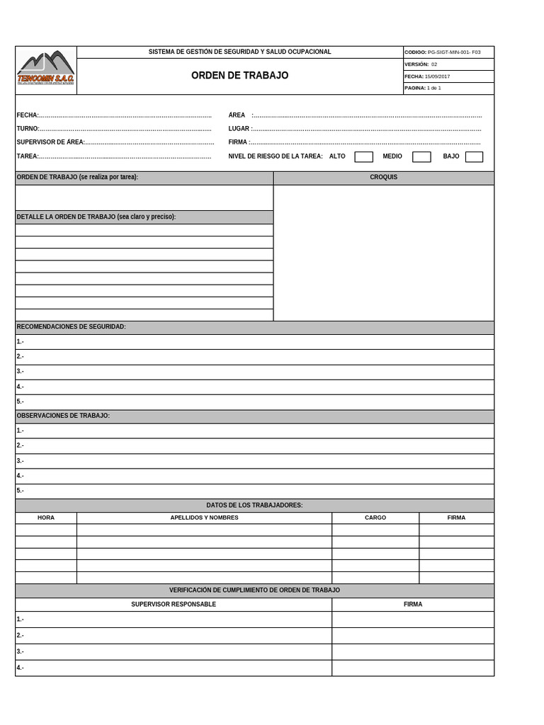 PG Sigt Min 001 f03 Orden de Trabajo - v02 | PDF
