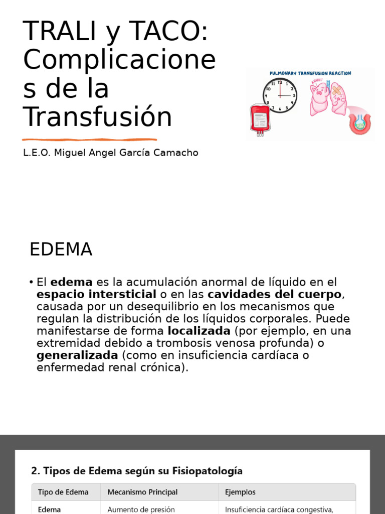 TRALI y TACO: Complicaciones Transfusionales | PDF | Edema | Capilar
