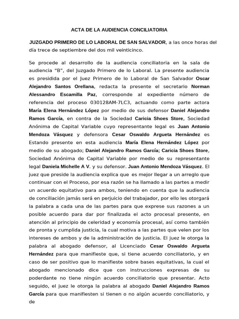 Acta de Audiencia Conciliatoria Laboral | PDF | Justicia | Crimen y ...