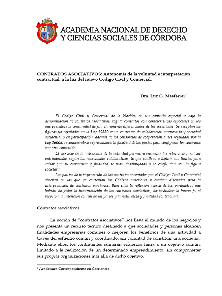 Contratos Asociativos en El CCCN - Antecedentes - Autonomia de La ...