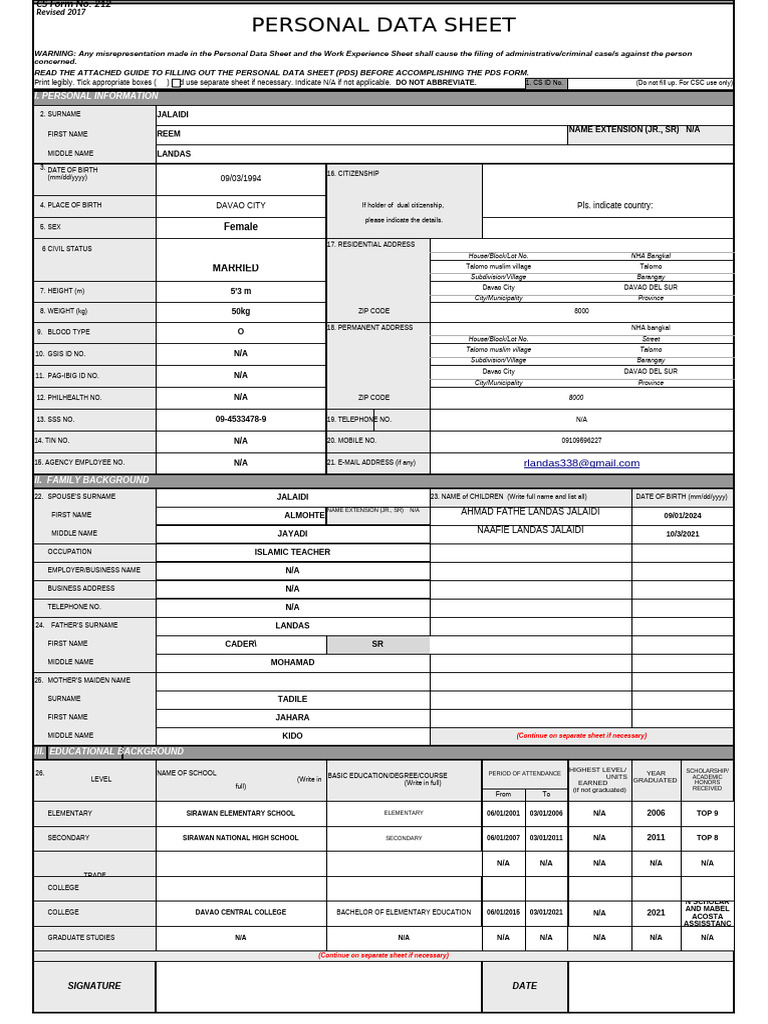 Personal Data Sheet Template | PDF | Government