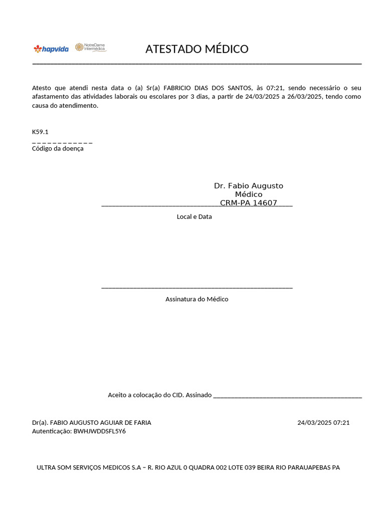 Atestado Médico de 3 Dias para Fabrício | PDF