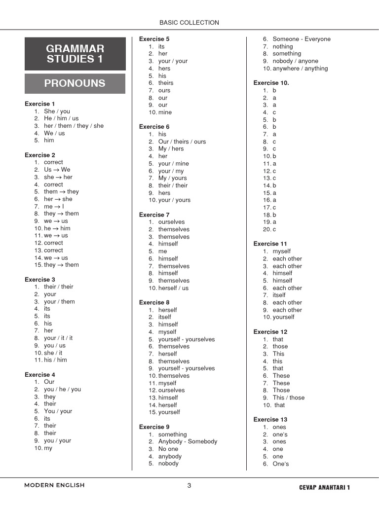 Pronouns Exercises and Answer Key | PDF | Linguistic Morphology ...