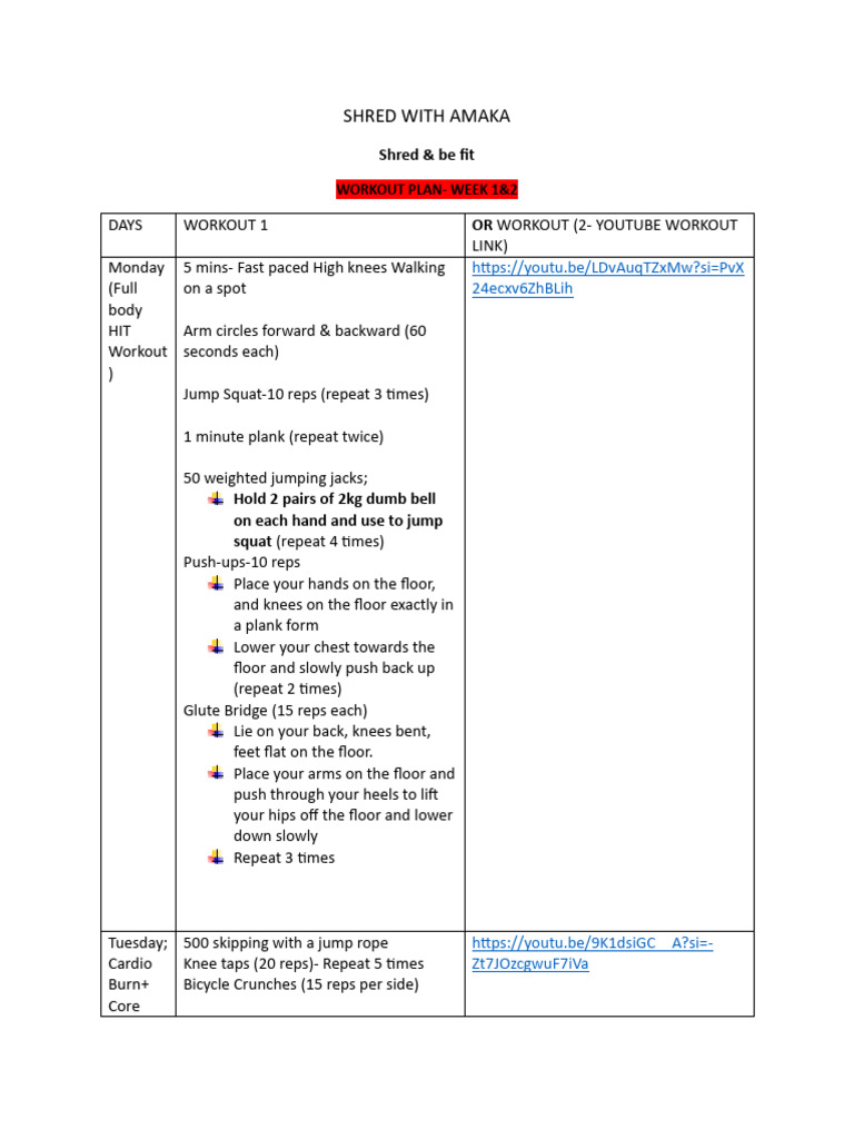 Workout Plan - Shred With Amaka-1-1 | PDF | Physical Fitness | Physical ...