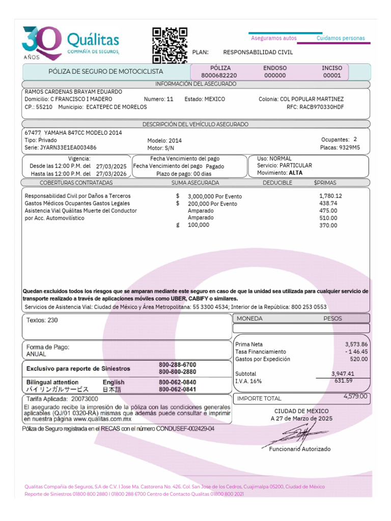 Póliza de Seguro Quálitas 2025-2026 | PDF | Póliza de seguros