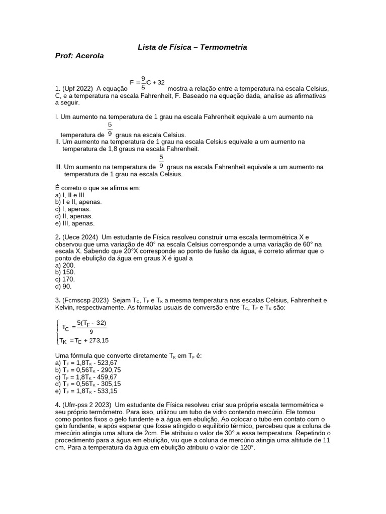 Termometria: Conversões e Questões de Física | PDF | Celsius | Temperatura