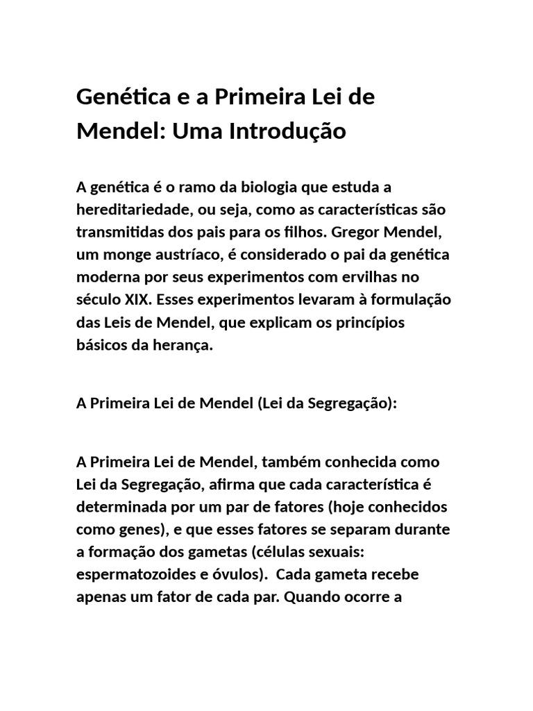 Introdução à Primeira Lei de Mendel | PDF | Dominância (genética) | Alelo