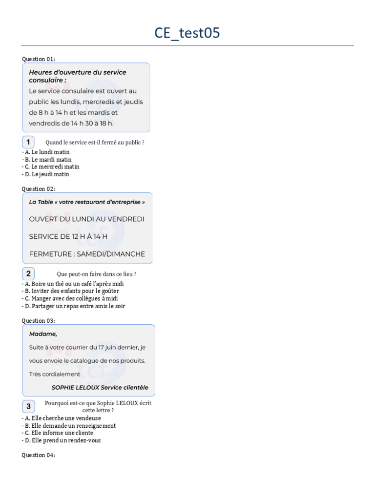 Compréhension écrite TCF: Exemples de questions | PDF