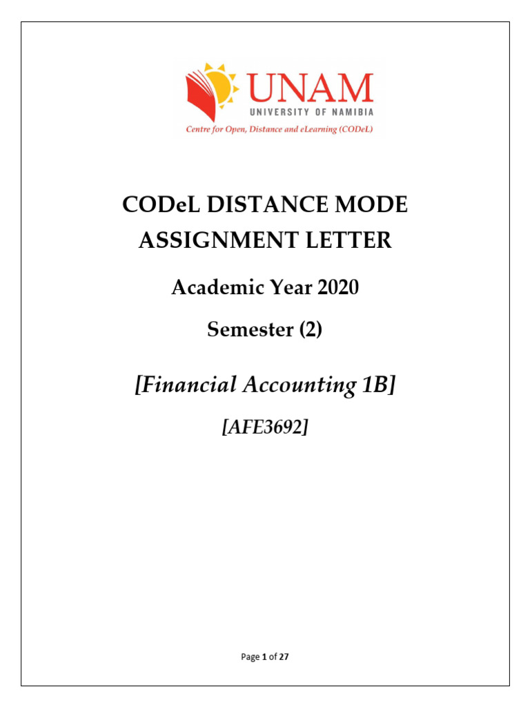 2020 Distance Assignments - AFE3692 - Financial Accounting 1B | PDF ...