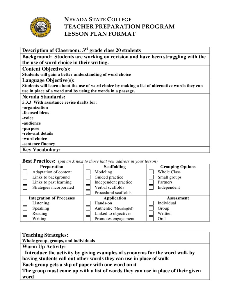 3rd Grade Lesson Plan on Word Choice | PDF | Lesson Plan | Educational ...