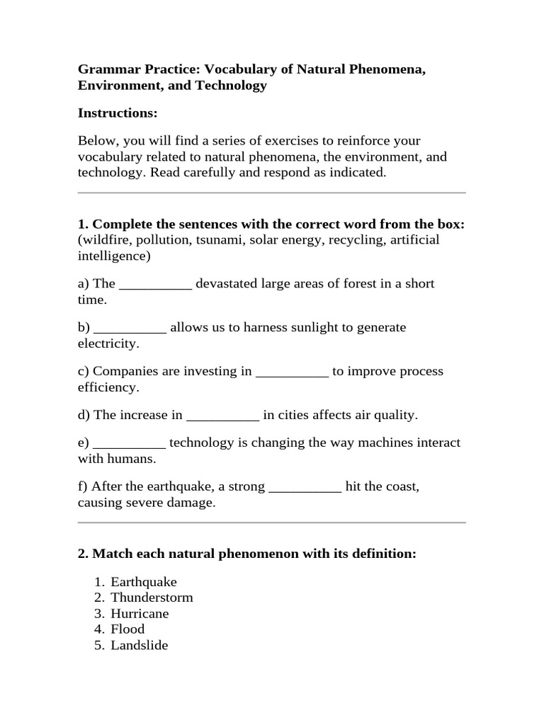 Grammar Practice Natural Phenomena | PDF