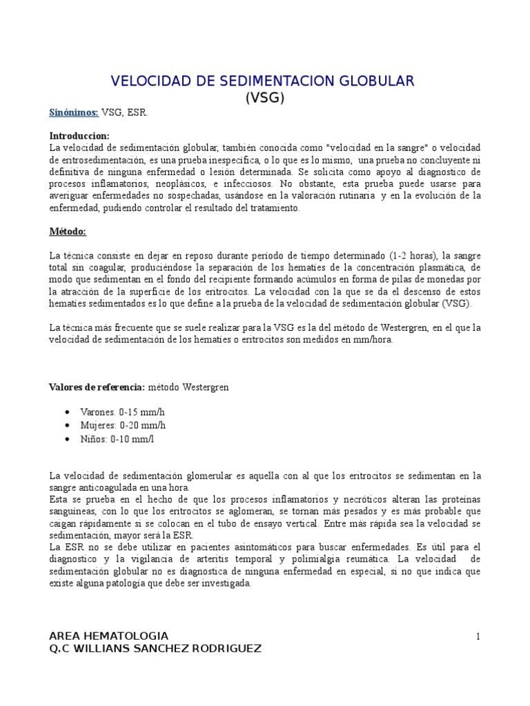 Velocidad de Sedimentación Globular (VSG) | PDF | Epidemiología | Rtt