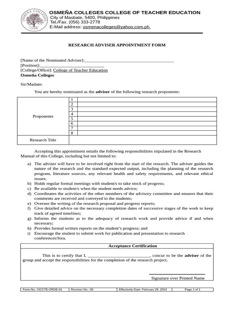 Research Adviser Appointment Form | PDF