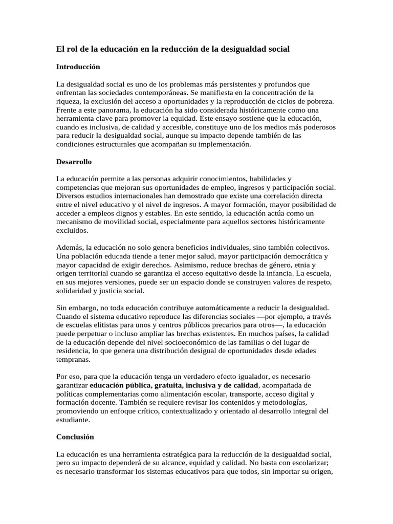 Educación y reducción de desigualdad social | PDF | Desigualdad social ...