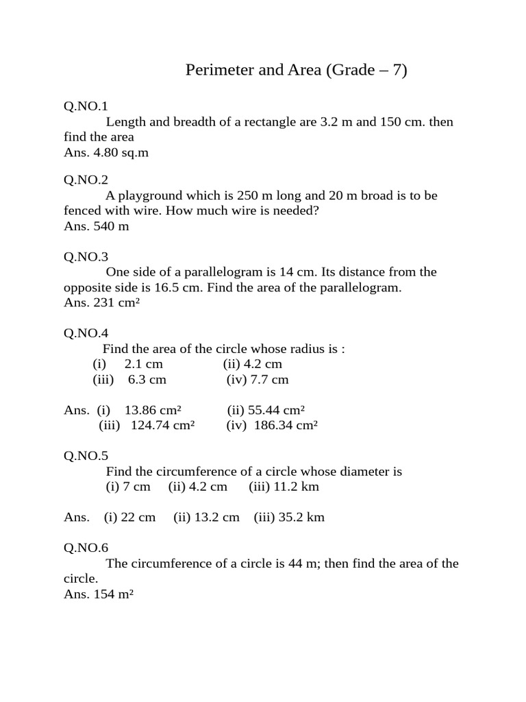 Grade 7 Maths Worksheet | PDF | Area | Circle