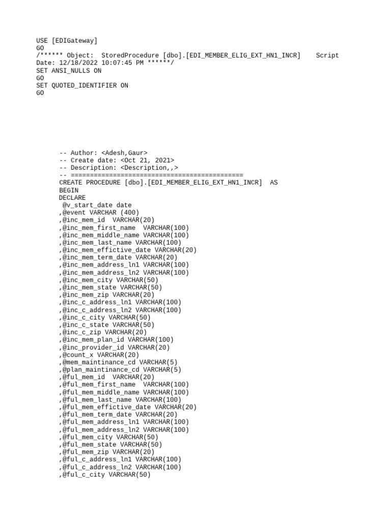Dbo - Edi Member Elig Ext Hn1 Incr - Storedprocedure | PDF | Databases ...