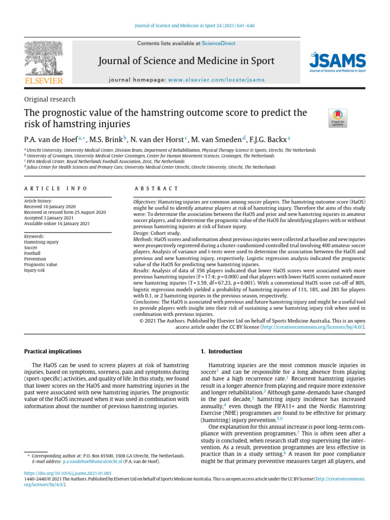 Prognostic Value of Hamstring Outcome Score | PDF | Logistic Regression ...
