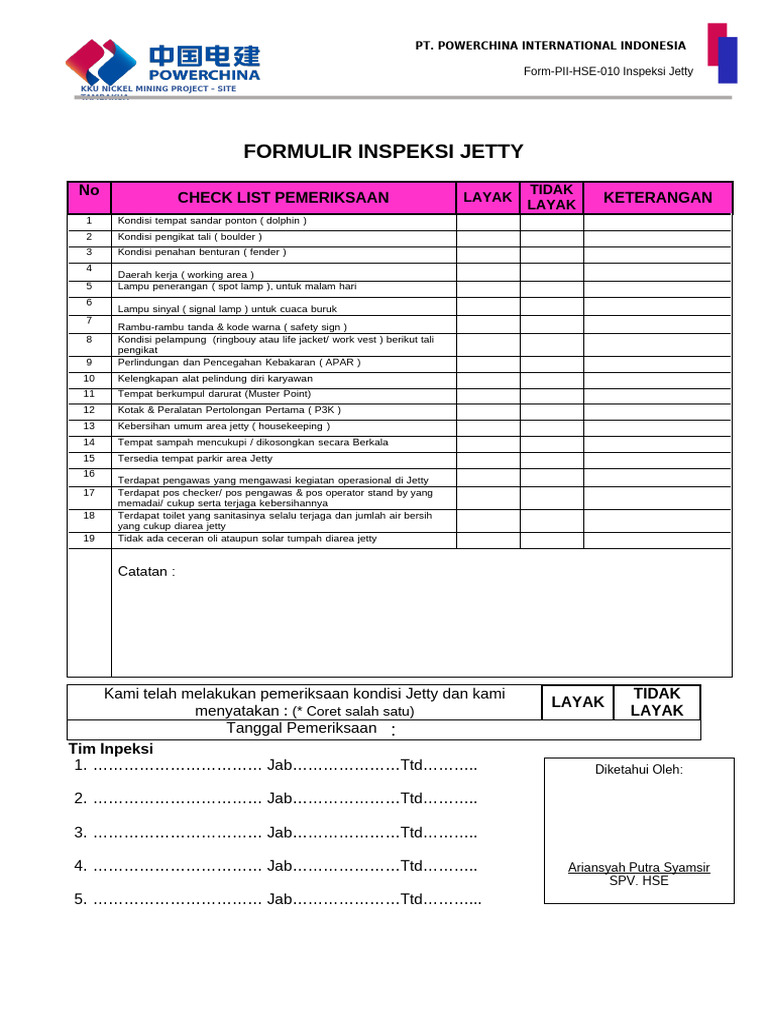 Formulir Inspeksi Jetty KKU Nickel | PDF