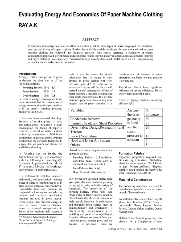 Evaluating Paper Machine Clothing Efficiency | PDF | Clothes Dryer ...
