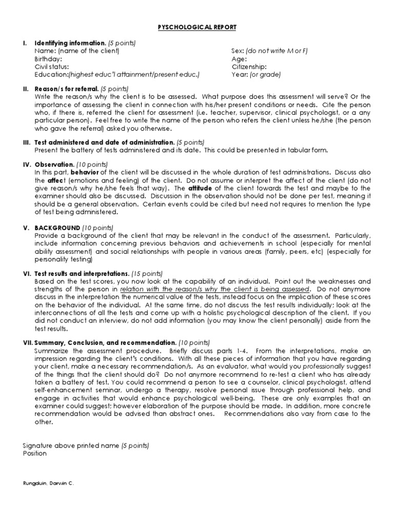 Psychological Report Format For Quizzes PDF Psychological