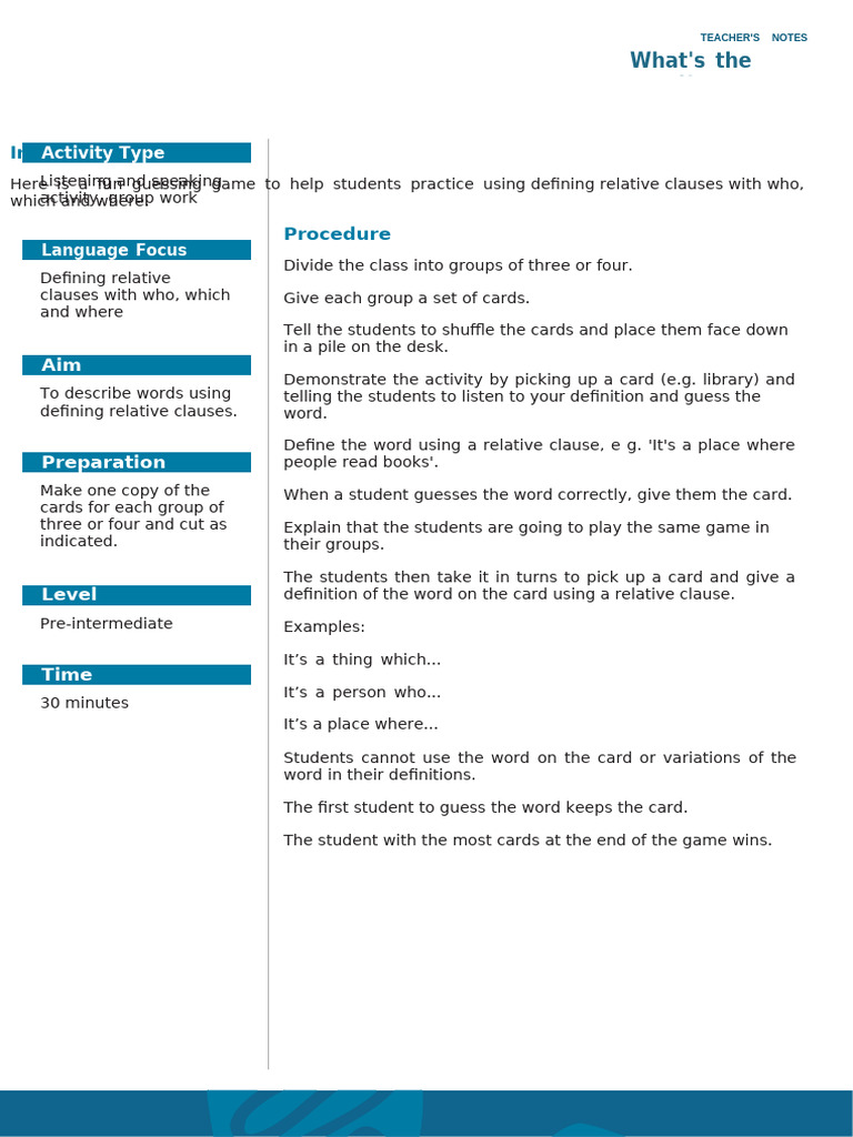 Whats-The-Word - Relative Clause Guessing Game | PDF | Linguistics