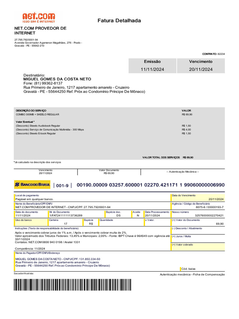 Fatura Detalhada NET Combo 300MB | PDF