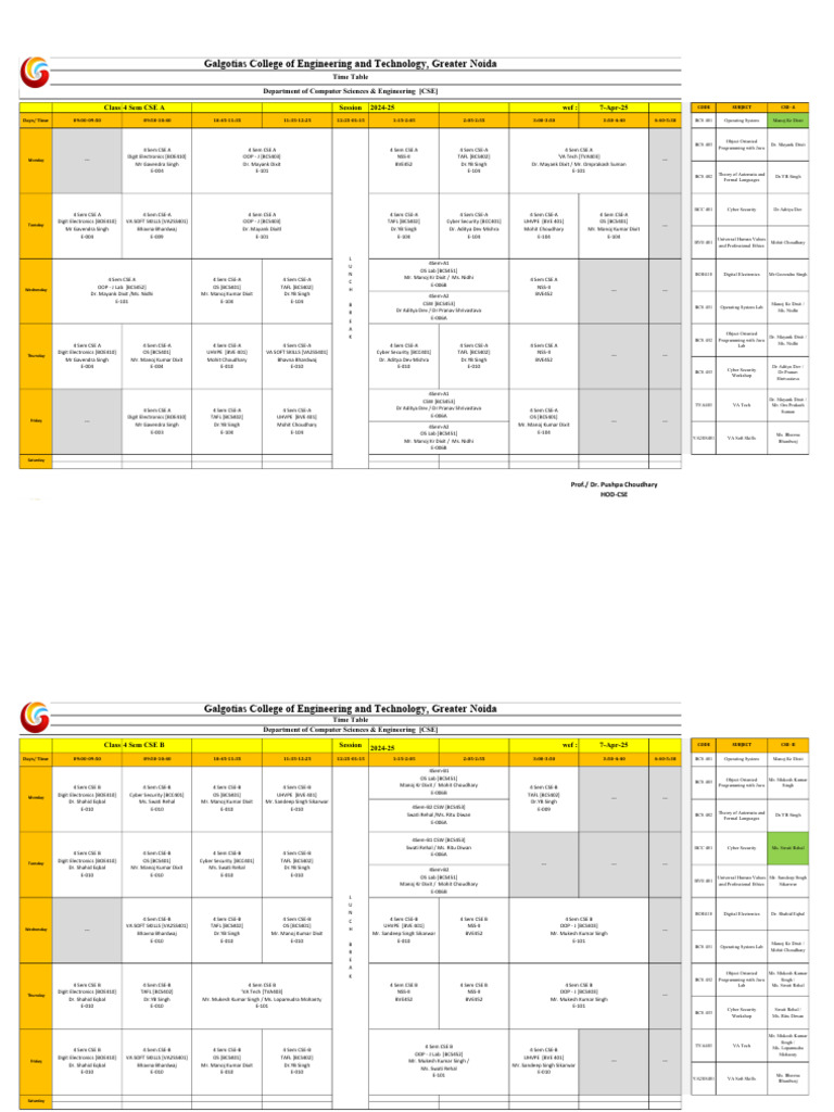 CSE 4th Semester Timetable 2024-25 | PDF | Computer Engineering | Computing