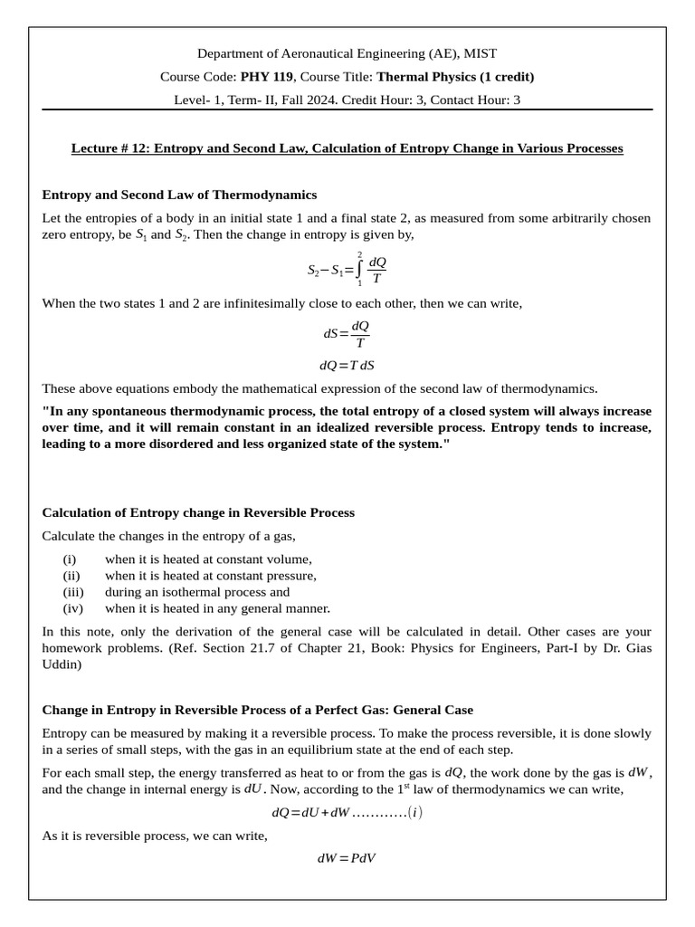 Entropy and Second Law, Calculation of Entropy Change in Various ...