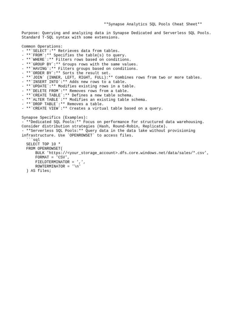 Synapse SQL Pools Cheat Sheet | PDF