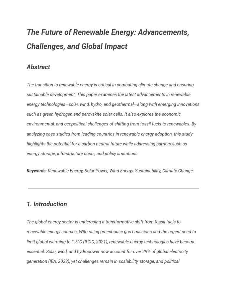 The Future of Renewable Energy - Advancements, Challenges, and Global ...
