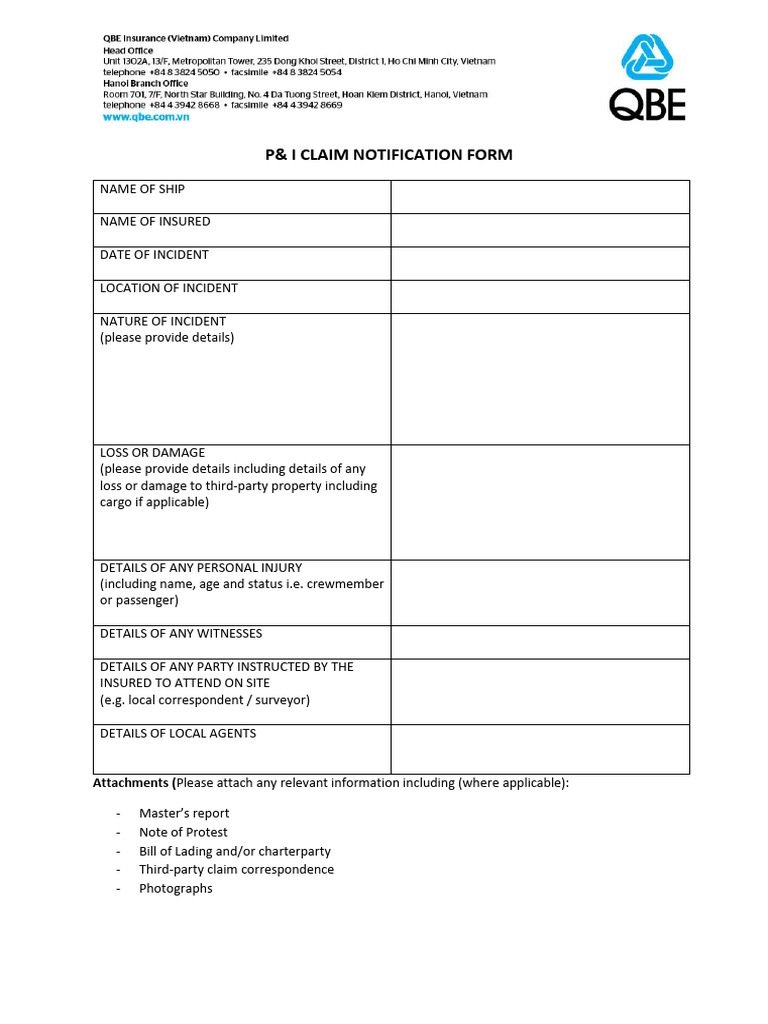 P&I Claim Notification Form Guide | PDF