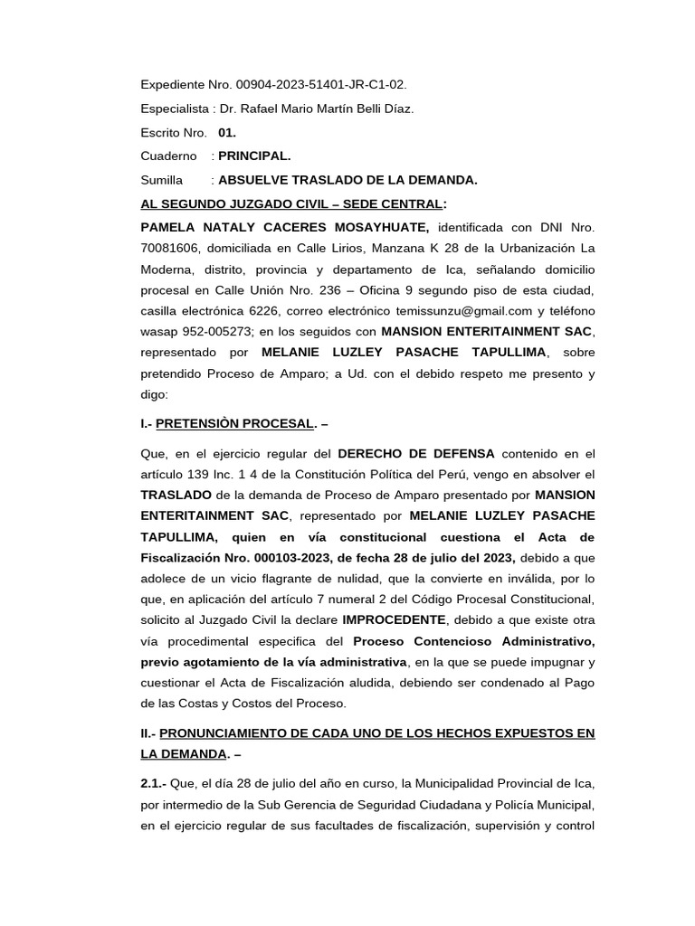 Absolución de Demanda de Amparo 2023 | PDF | Demanda judicial | Ley ...