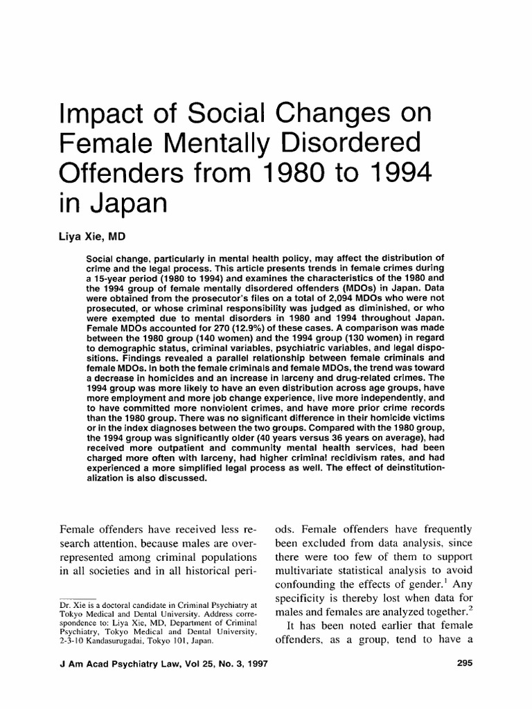 Impact of Social Changes On Female Mentally Disordered Offenders From ...