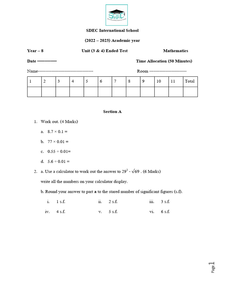 Year 8 Math Test Paper 2022-2023 | PDF | Significant Figures