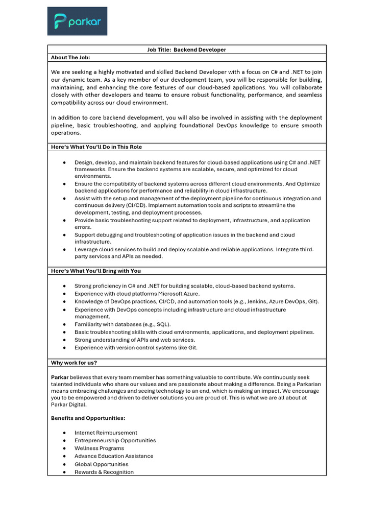 Backend Developer Role at Parkar Digital | PDF | Cloud Computing ...