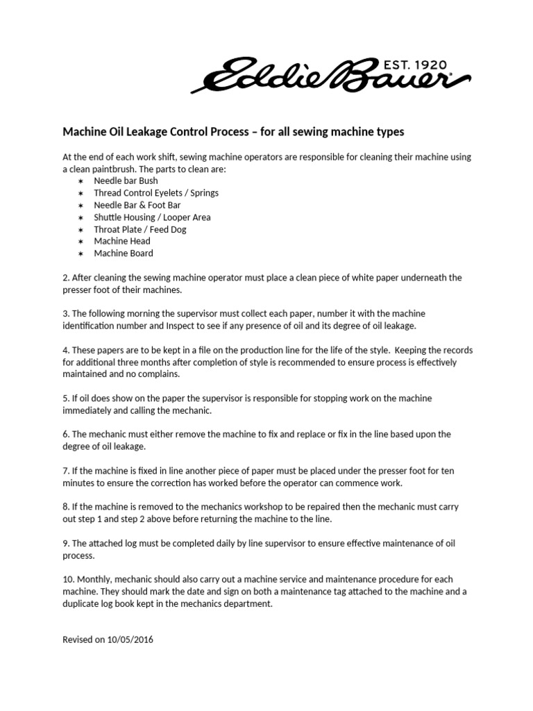 Sewing Machine Oil Leakage Protocol | PDF