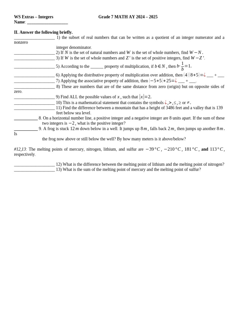 Grade 7 Math: Integers and Properties | PDF