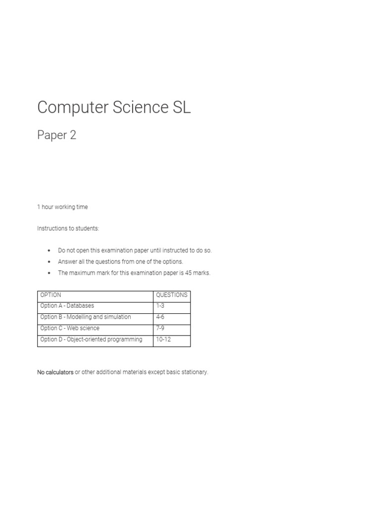 Computer Science SL Paper 2 Exam Guide | PDF