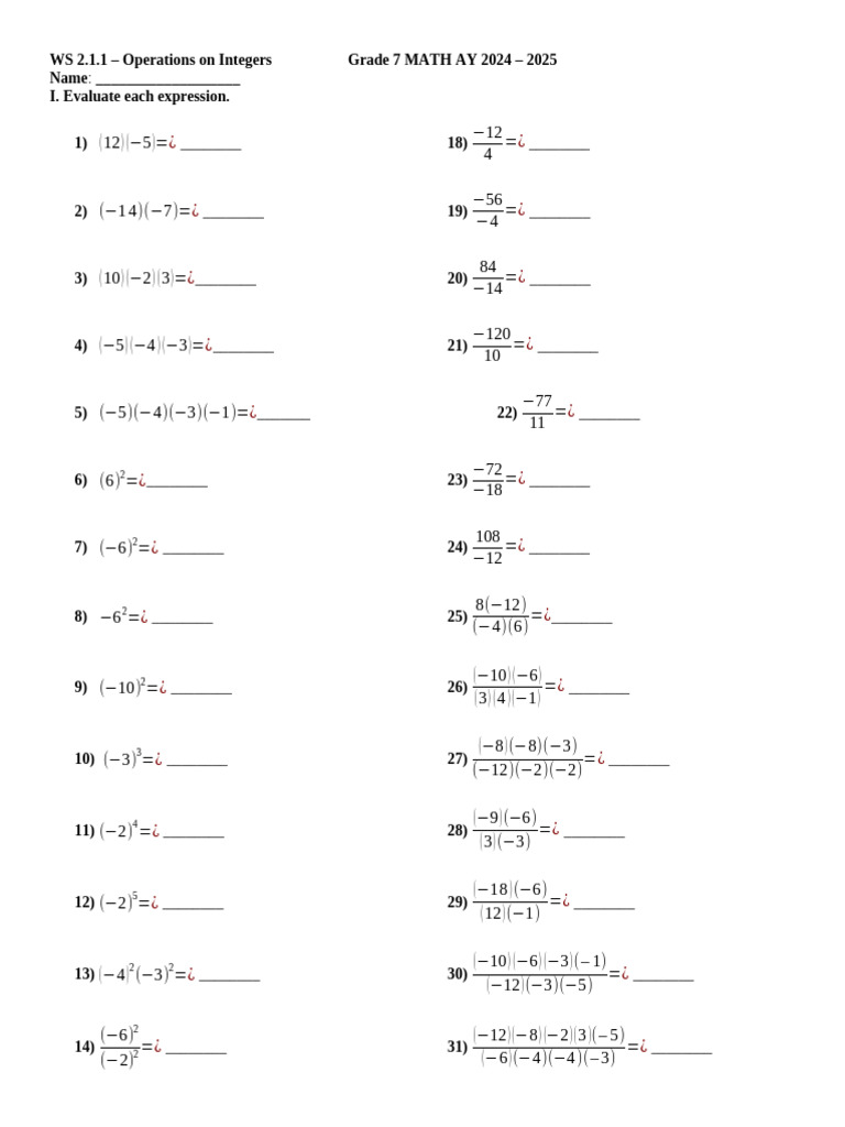 WS 2.1.1 - Multiplication and Division of Integers | PDF | Multiplication