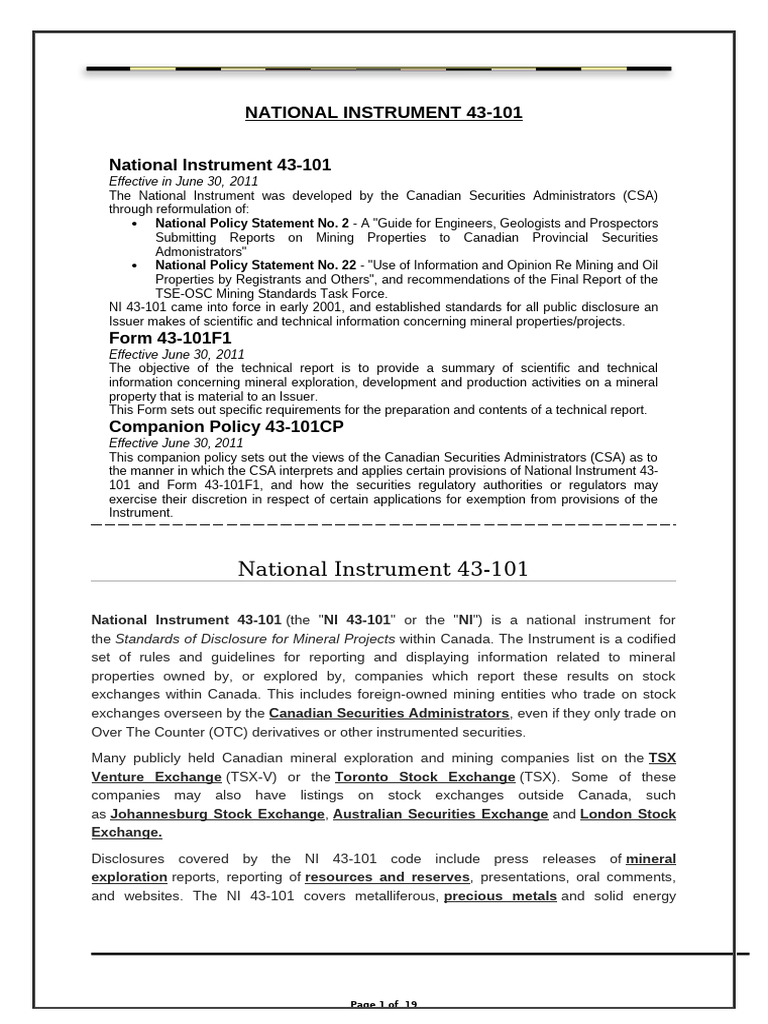 NI 43-101 Standards for Mineral Disclosure | PDF | Futures Contract ...